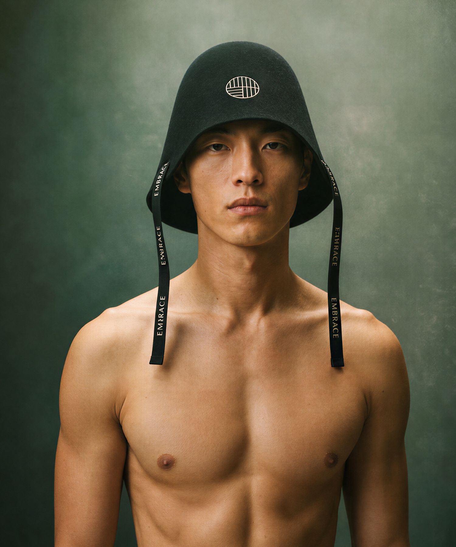 A man wearing the black merino wool Embrace Sauna Hat in a studio editorial portrait